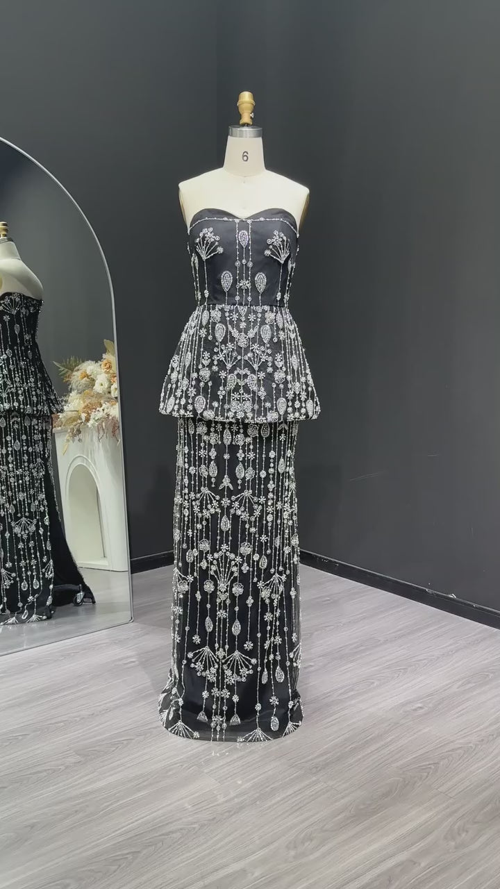 Elegant Black Strapless Evening Dress with Beaded Peplum Overlay SS635