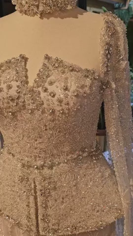 Luxury Silver Beaded Evening Gown with Cape Sleeve SS531