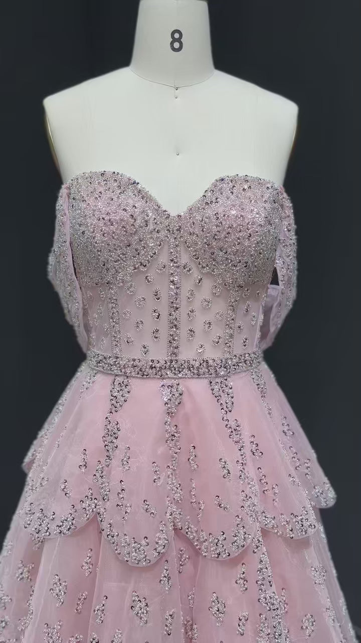 Glamorous Pink Strapless Sequin Layered Tulle Evening Dress SS612