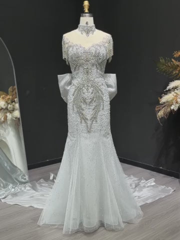 Luxury Silver Gray Crystal Embellished Evening Dress with Train SS722