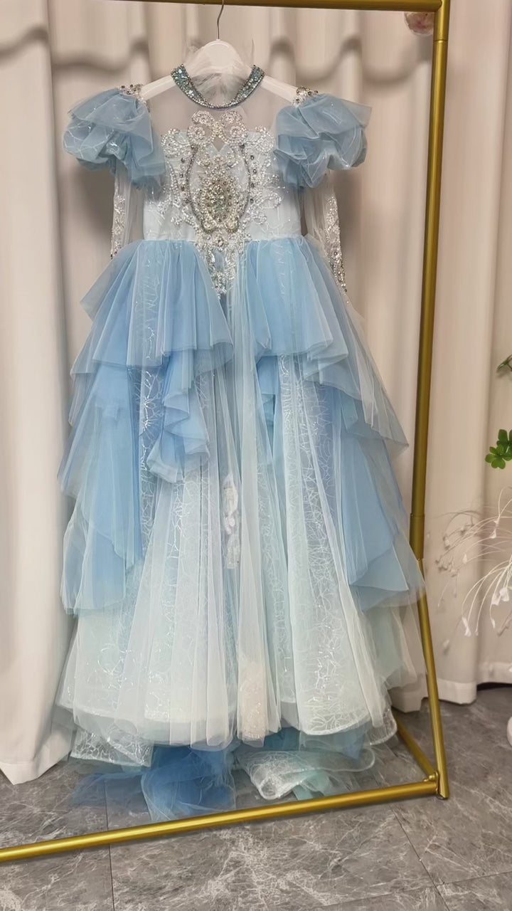 Luxury Blue Dubai Girl Dress Beaded Pearls Arabic J378