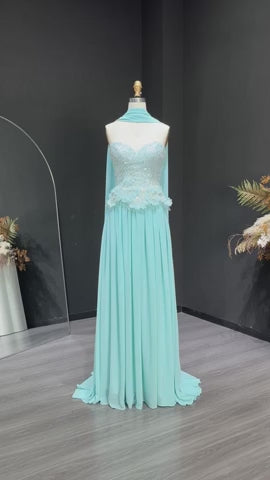 Elegant Aqua Strapless Evening Gown with Flowing Scarf SS274