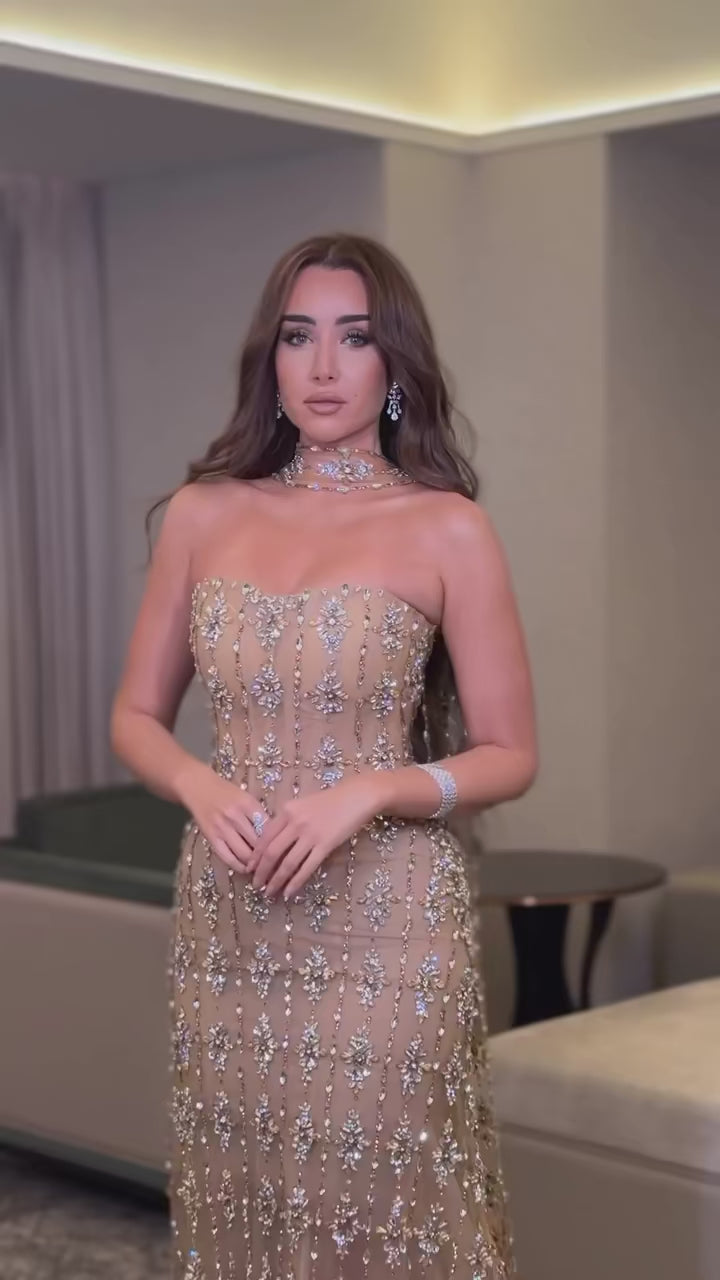 Luxury Beaded Nude Strapless Evening Dress with Scarf SS229