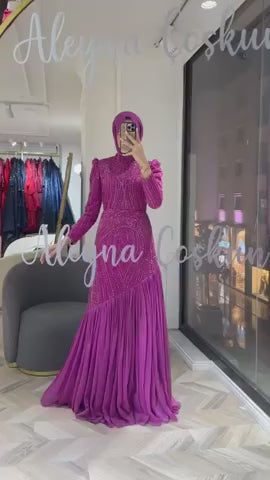 Elegant Beaded High Neck Hijab Arabic Evening Dress SS605