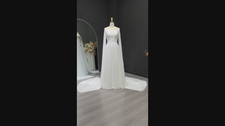 Elegant Red Chiffon Arabic Evening Dresses with Cape Sleeves SF032