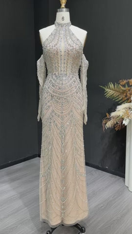 Elegant Beaded Halter Evening Gown with Sleek Silhouette Open-Back Detail SS125