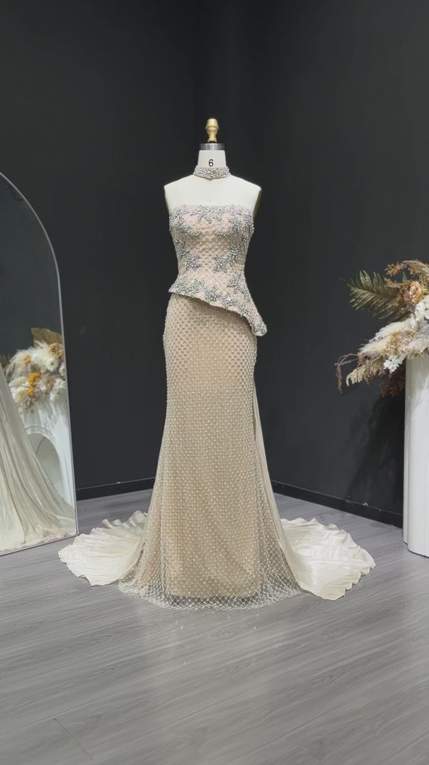 Luxury Champagne Strapless Beaded Mermaid Evening Dress with Train SS394