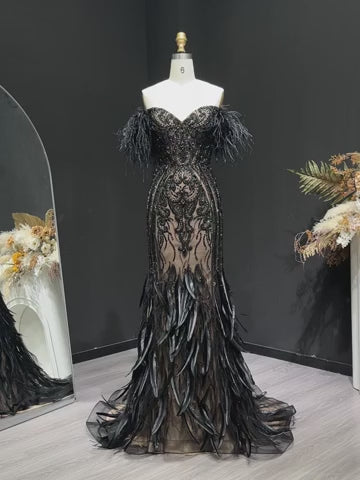 Luxury Black Feather Evening Dress with Beaded Corset Bodice SS792