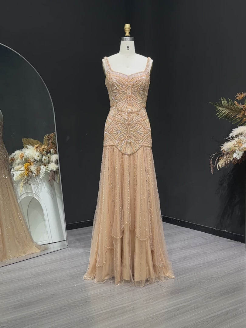 Luxury Champagne Beaded Ruffled Prom Dress SS552