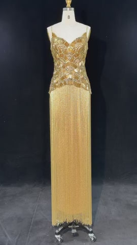 Dreamy Vow Gold Strapless Beaded Fringe Column Evening Gown SS336