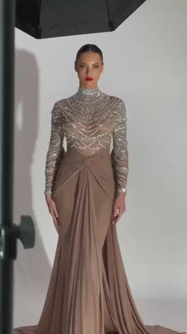 Luxury Brown Evening Gown with High Neckline Draped Skirt SS402