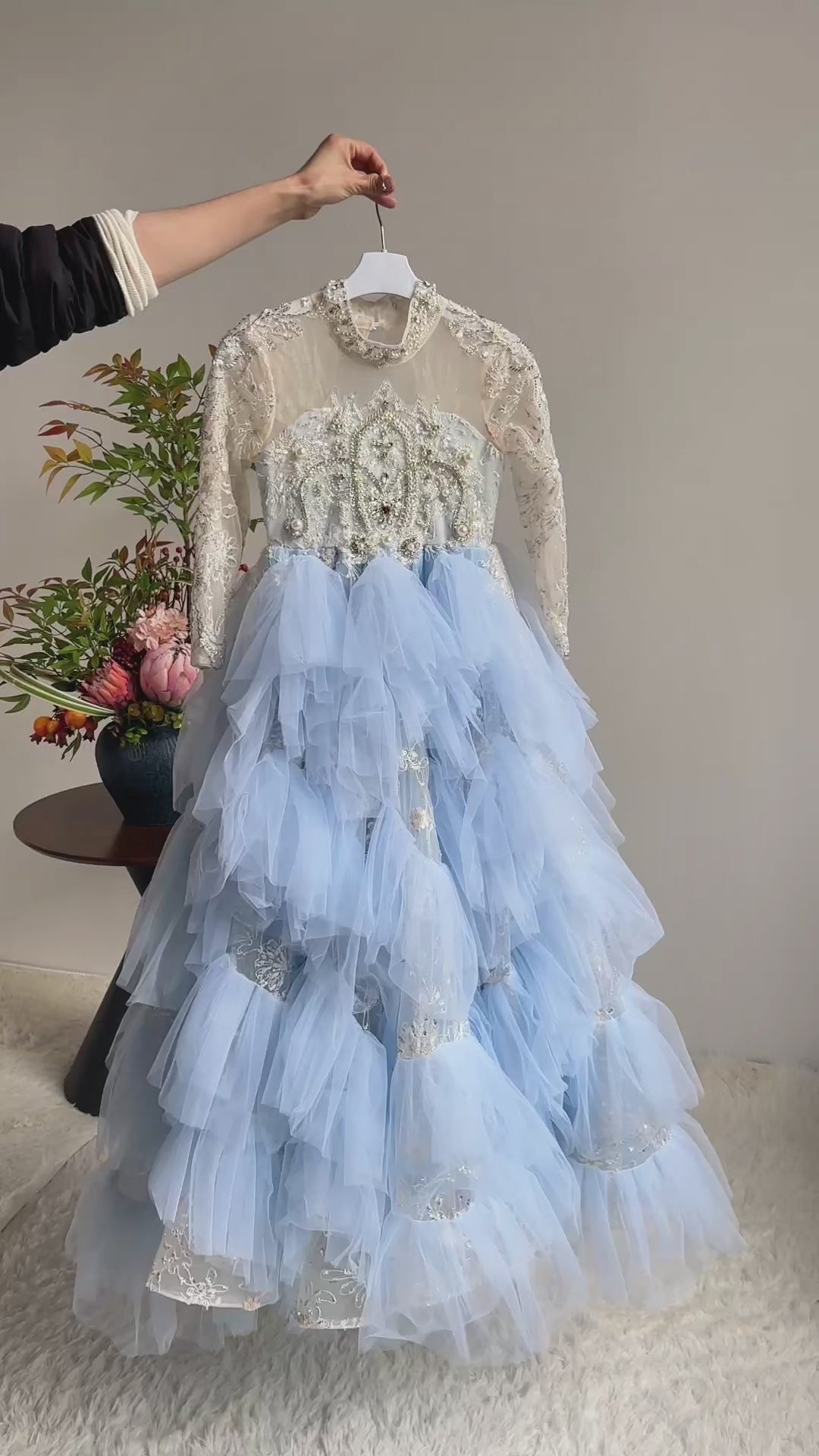 Luxury Blue Dubai Girl Dress Beaded Pearls Arabic Princess Kids J381