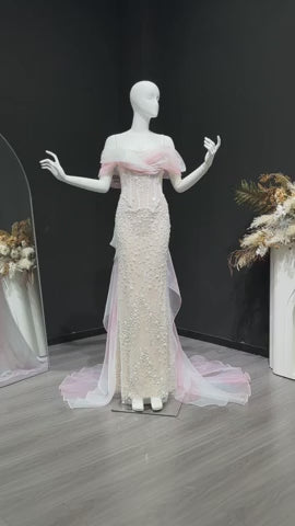 Luxury Blush Pink Ombre Off Shoulder Beaded Evening Dress with Train SS519