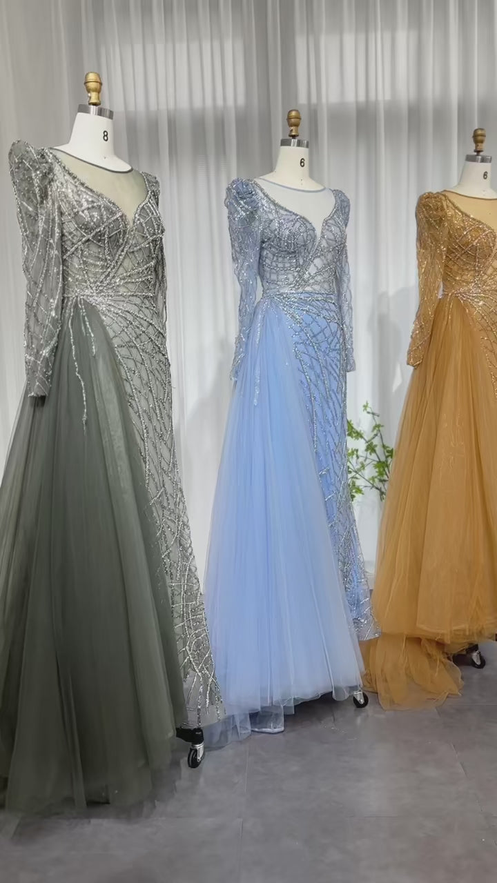 Luxury Muslim Gold Mermaid Beaded Dubai Evening Dresses with Overskirt SS048