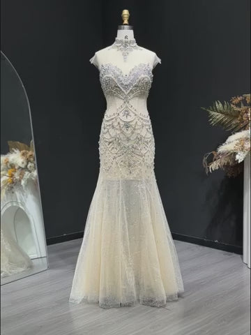 Luxury Silver Beaded High-Neck Mermaid  Evening Gown with Sheer Overlay SS380