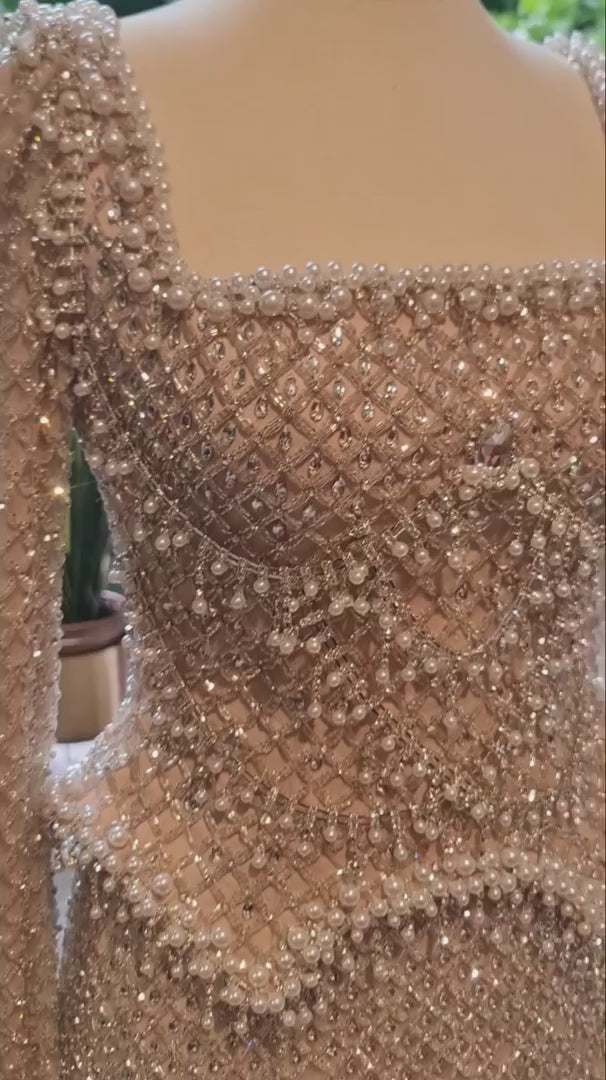 Sophisticated Gray Crystal Evening Dress with Sleek Long Sleeves SS633