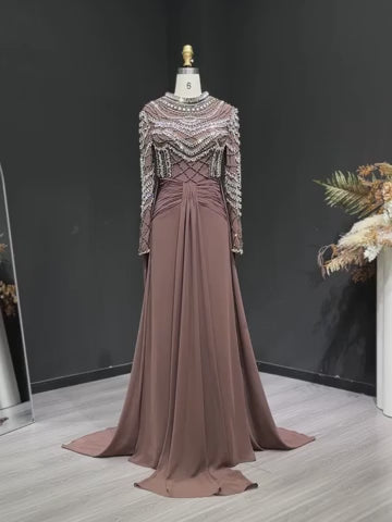 Luxury Brown Evening Gown with High Neckline Draped Skirt SS402