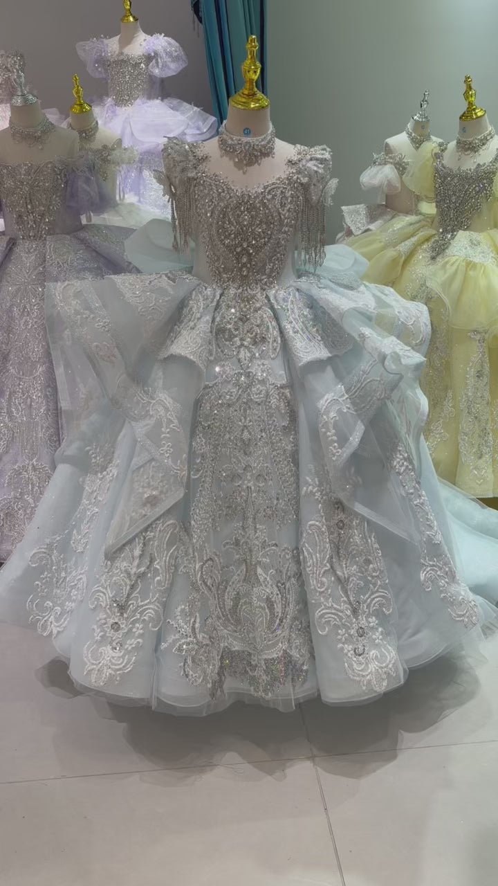 Ice Blue Crystal Beaded Tassel Embroidered Princess Wedding Ball Gown for Flower Girls Dress W106