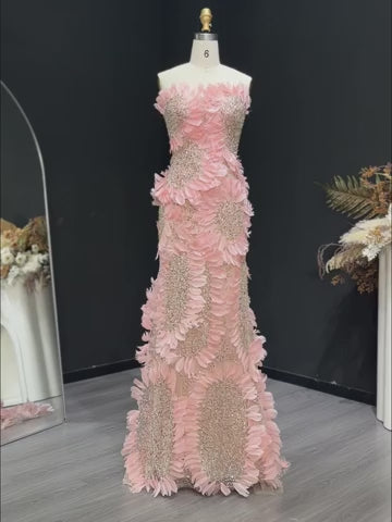 Luxury Pink 3D Floral Beaded Strapless Evening Dress SS258