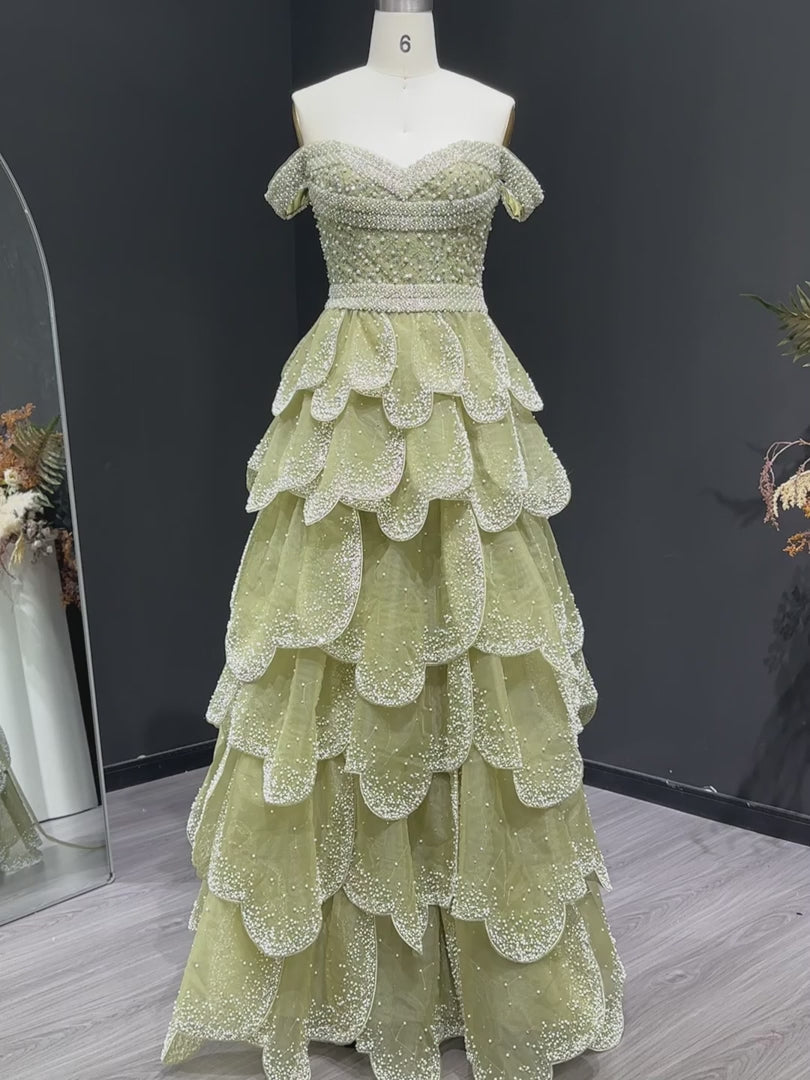 Elegant Green Layered Ruffle Evening Dress SS385