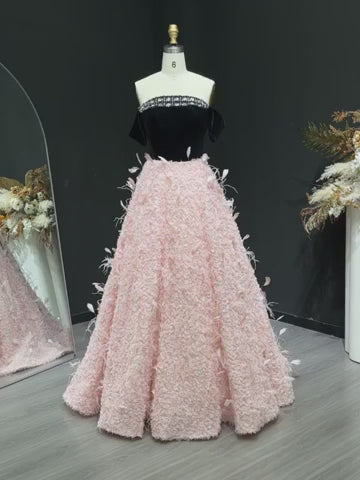 Luxury Pink Feather Ball Gown Off Shoulder Evening Dress SS721
