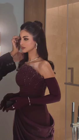 Luxury Wine Red Off-Shoulder Evening Gown with Long Train Beaded Bodice SS608