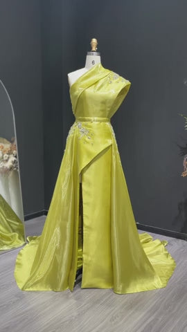 Luxury Satin One Shoulder Evening Dress with Beaded Embroidery Overskirt SS600