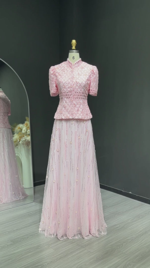 Luxury Pink Two Pieces Evening Dress with Crystals SS546