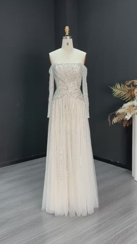 Luxury Beige Crystal Beaded Off Shoulder Evening Dress with Long Sleeves SS507