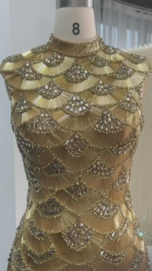 Dreamy Vow High Neck Beaded Fringe Column Evening Gown SS330