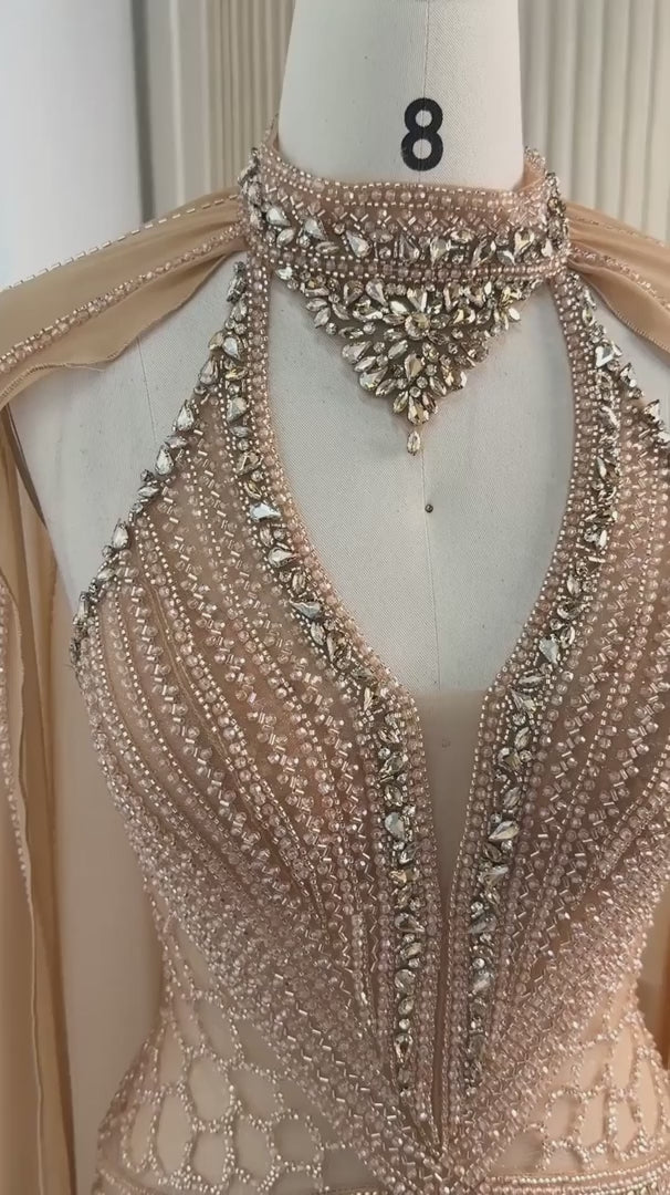 Dreamy Vow Beaded Cape Evening Gown with Illusion Waist SS049