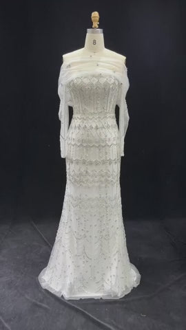 Arabic White Luxury Dubai Mermaid Evening Dress with Cap Sleeves SS291