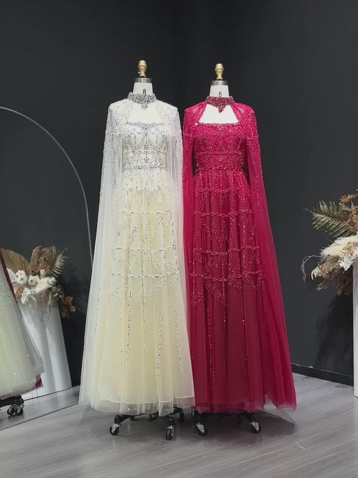 Elegant Cream Heavy Beaded Cape Evening Dress SS486