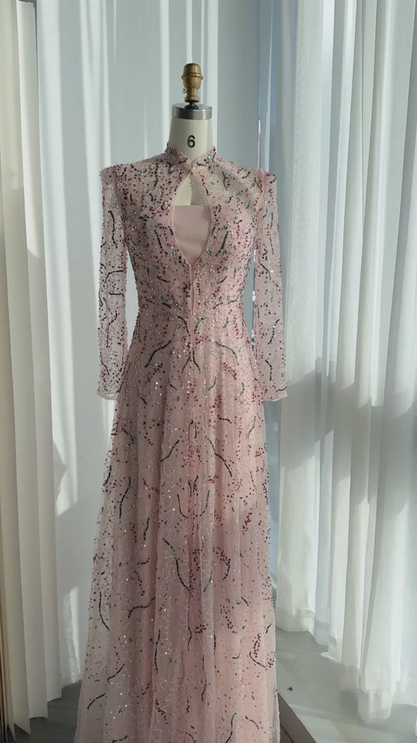Luxury Gold High Neck Long Sleeve Beaded A-Line Evening Dress  XD020