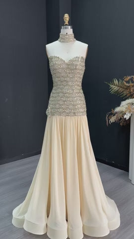 Elegant Gold Crystal Beaded Strapless Evening Dress Chiffon Skirt SS504