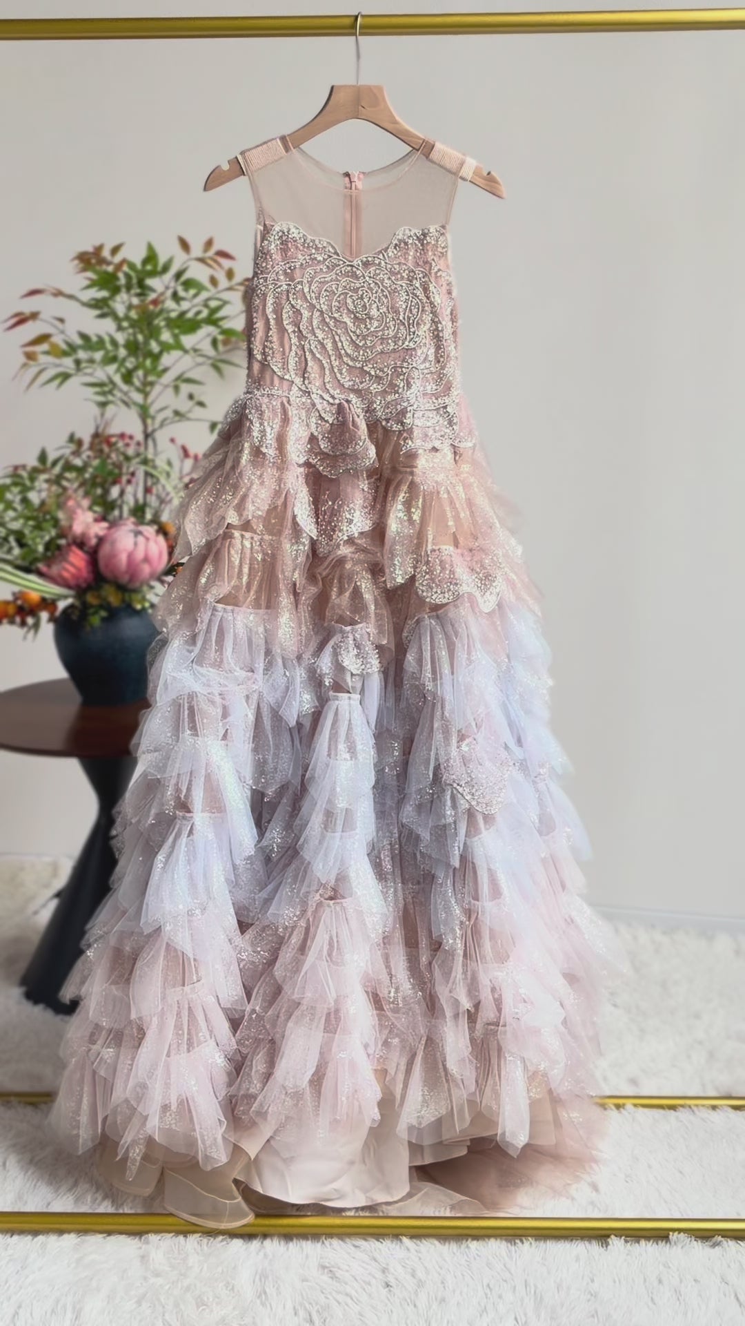 Luxury Champagne Flower Girl Dress Sequin Ruffled Tulle Ball Gown for Weddings & Pageants J004