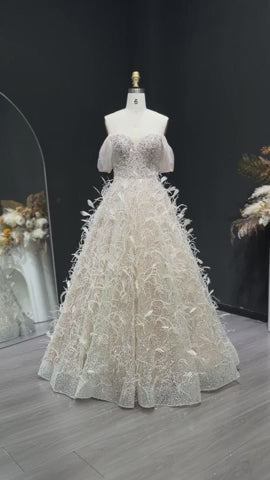 Elegant Peach Sequin Feather Ball Gown Princess Evening Dress SS724