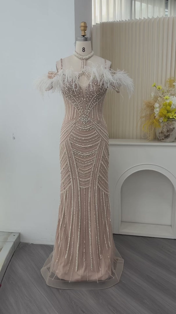 Beaded Feather-Trim Fitted Evening Gown SS170