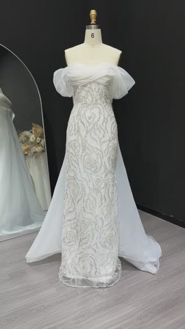 Elegant Off-Shoulder White Mermaid Evening Dress Beaded with Train SS636
