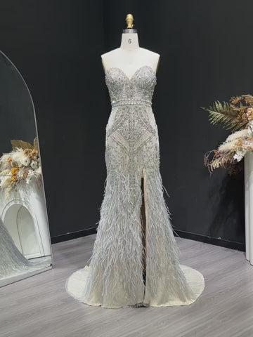 Luxury Silver Gray Beaded Feather Evening Dress Strapless Corset High Slit SS791