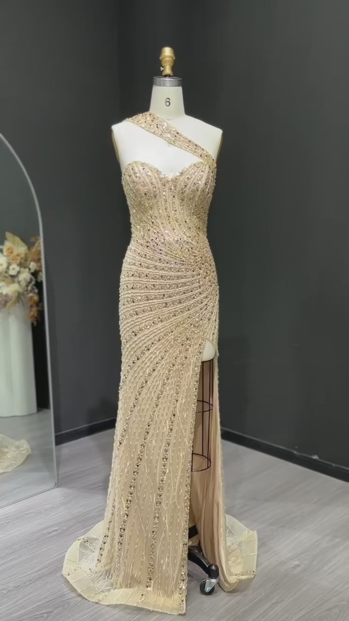 Glamorous Champagne Crystal Evening Dress with High Slit SS084