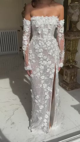 Elegant White 3D Floral Sequin Bridal Puff Sleeves Wedding Dress SW085