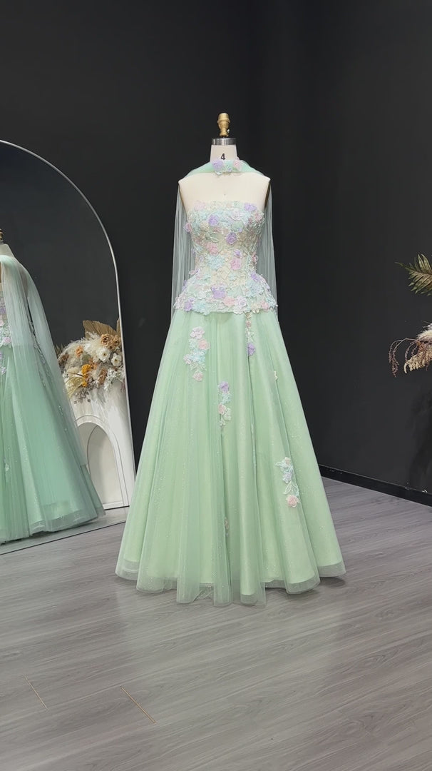 Elegant Sage Green 3D Floral Appliqué Evening Dress with Sheer Scarf SS755