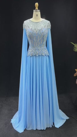 Elegant Crystal Beaded Evening Gown with Draped Sleeves SS104