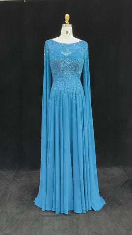Elegant Beaded Cape Sleeve Chiffon A-Line Evening Dress SS105
