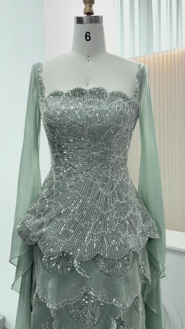 Sage Green Beaded Scalloped Evening Gown with Draped Sleeves SS235