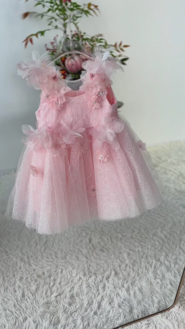 Luxury Pink 3D Floral Birthday Party Flower Girl Dress D238
