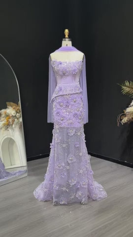 Luxury Lilac 3D Floral Beaded Embroidery Evening Dress with Scarf SS415