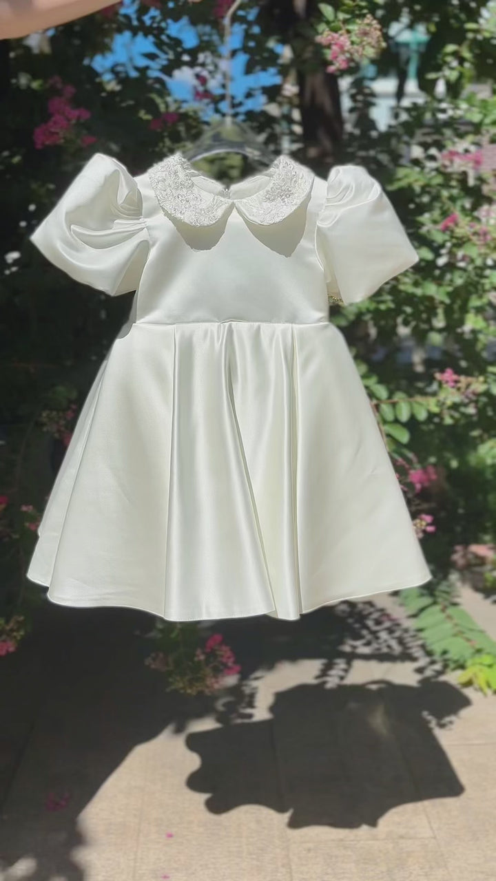 O-Neck Embroidered Satin Flower Girl Dress With Bow Knee Length J810