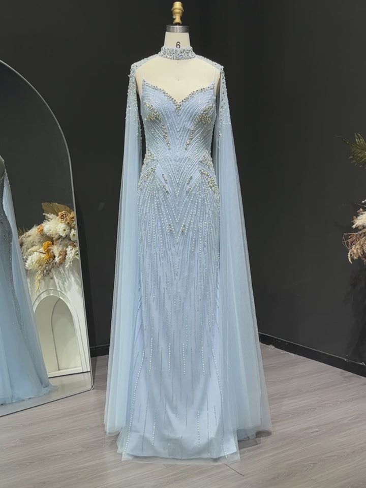 Luxury Blue Crystal Beaded Spaghetti Strap Evening Gown with Cape SS151